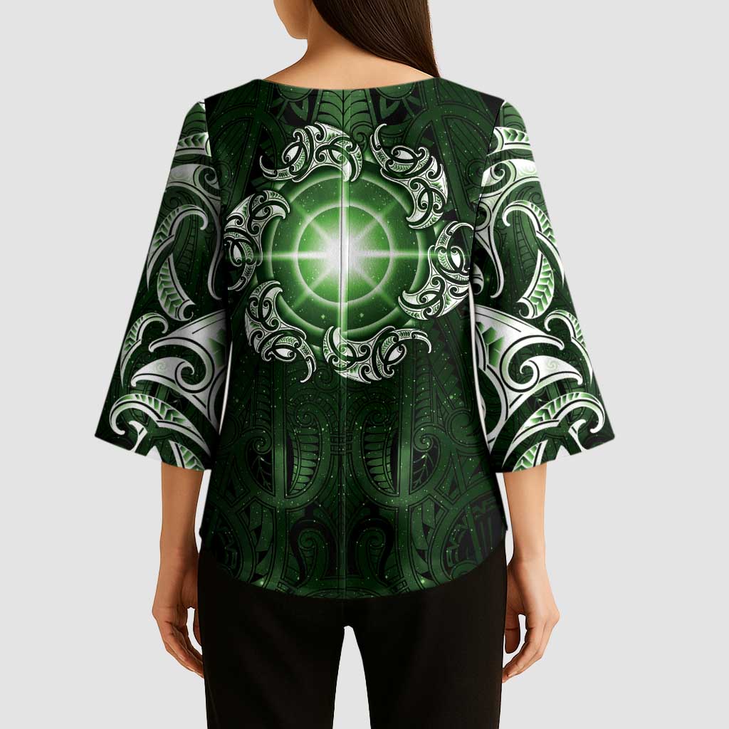 New Zealand Matariki Tupuarangi Kimono Sleeve Blouse Maori Moko Green Galaxy