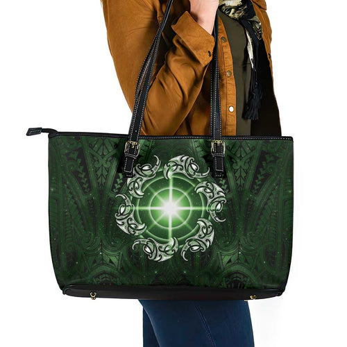 New Zealand Matariki Tupuarangi Leather Tote Bag Maori Moko Green Galaxy