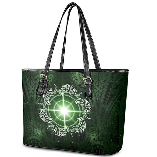 New Zealand Matariki Tupuarangi Leather Tote Bag Maori Moko Green Galaxy