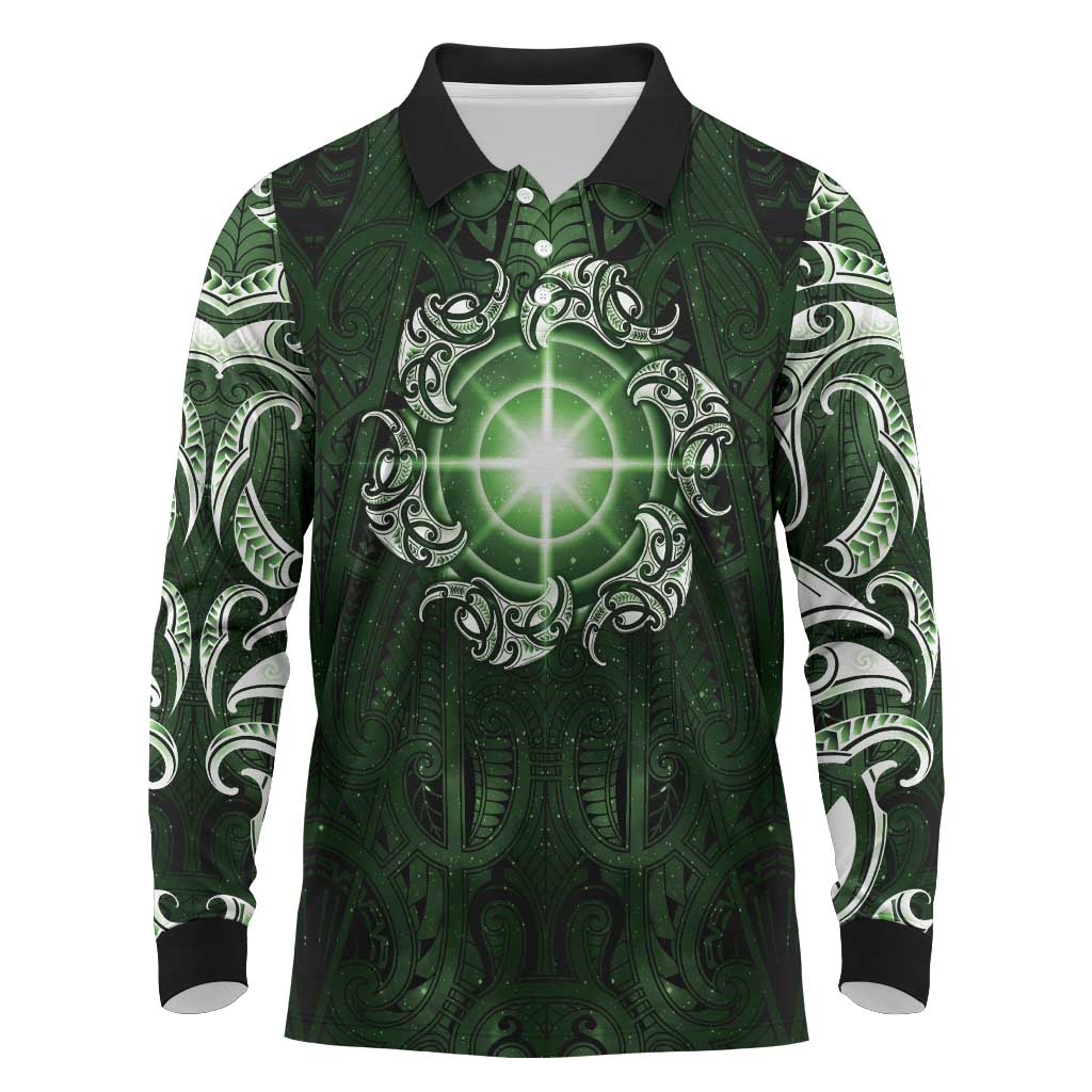 New Zealand Matariki Tupuarangi Long Sleeve Polo Shirt Maori Moko Green Galaxy