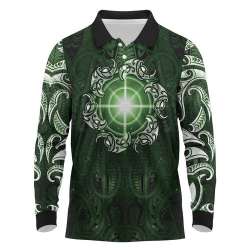 New Zealand Matariki Tupuarangi Long Sleeve Polo Shirt Maori Moko Green Galaxy