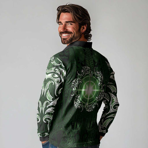 New Zealand Matariki Tupuarangi Long Sleeve Polo Shirt Maori Moko Green Galaxy