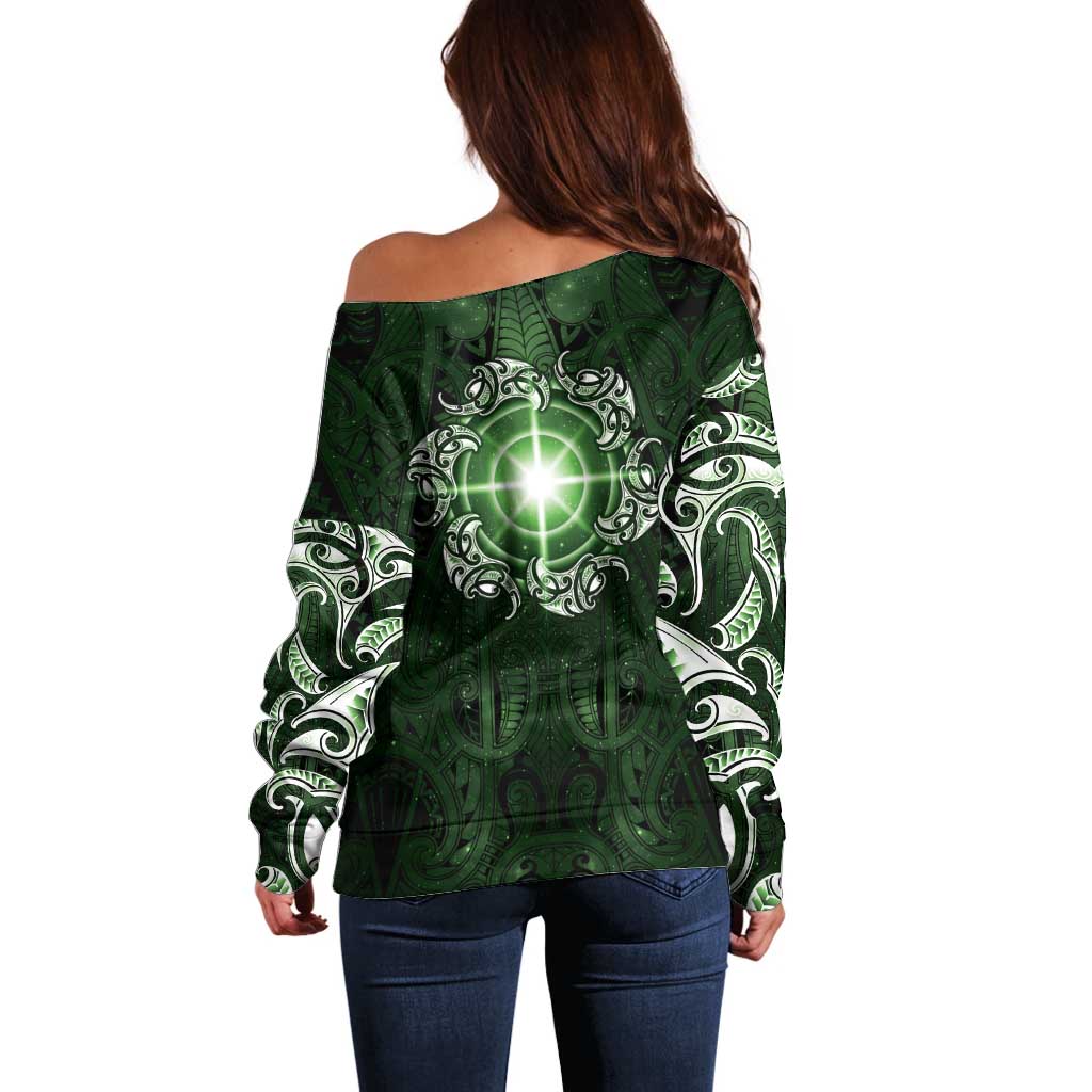 New Zealand Matariki Tupuarangi Off Shoulder Sweater Maori Moko Green Galaxy