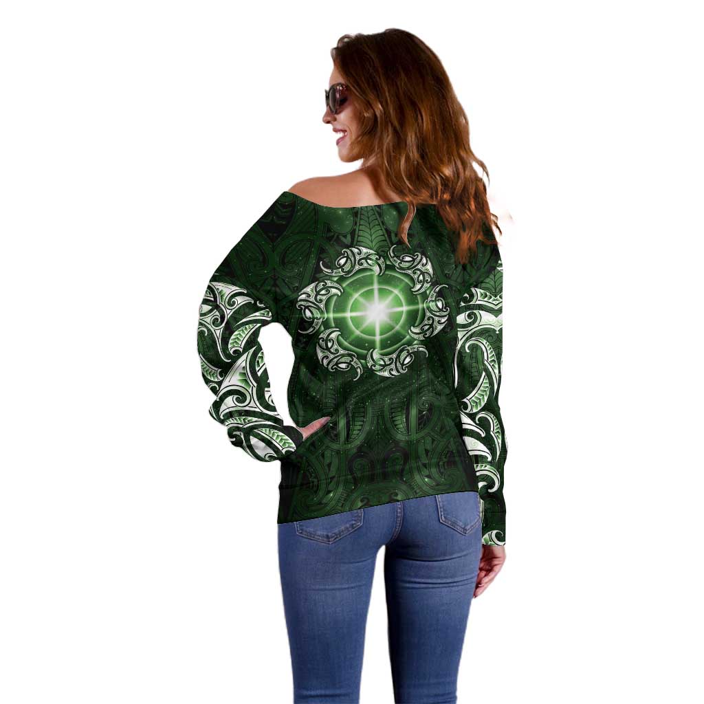 New Zealand Matariki Tupuarangi Off Shoulder Sweater Maori Moko Green Galaxy