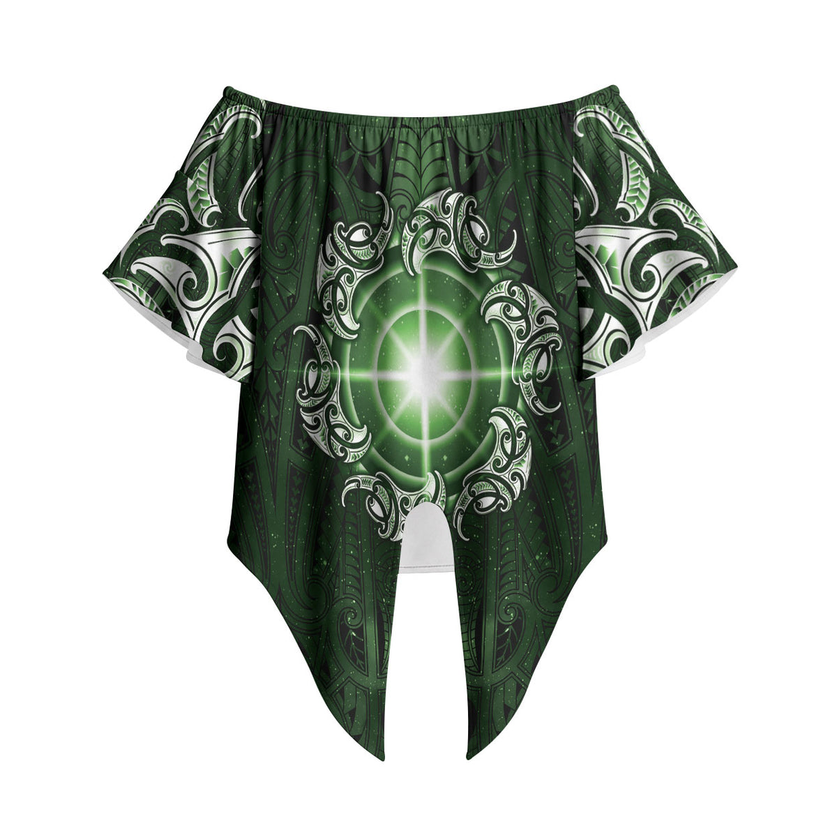 New Zealand Matariki Tupuarangi Off Shoulder Wrap Waist Top Maori Moko Green Galaxy