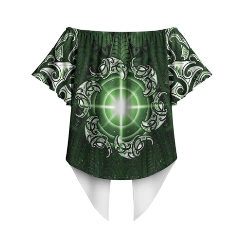 New Zealand Matariki Tupuarangi Off Shoulder Wrap Waist Top Maori Moko Green Galaxy