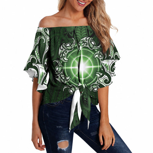 New Zealand Matariki Tupuarangi Off Shoulder Wrap Waist Top Maori Moko Green Galaxy