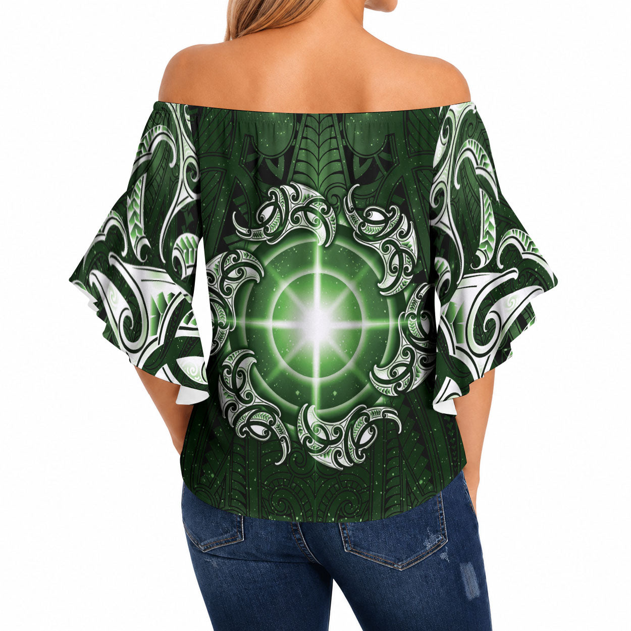 New Zealand Matariki Tupuarangi Off Shoulder Wrap Waist Top Maori Moko Green Galaxy