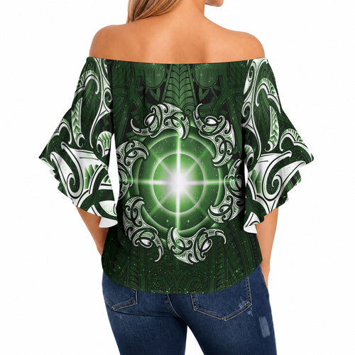 New Zealand Matariki Tupuarangi Off Shoulder Wrap Waist Top Maori Moko Green Galaxy