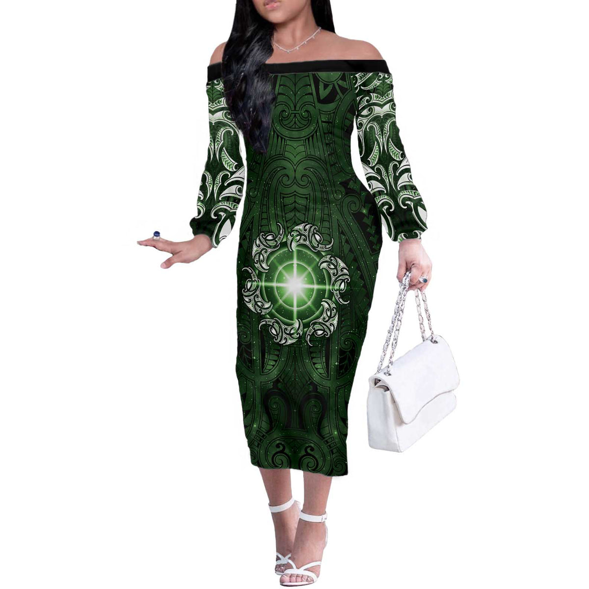 New Zealand Matariki Tupuarangi Off The Shoulder Long Sleeve Dress Maori Moko Green Galaxy