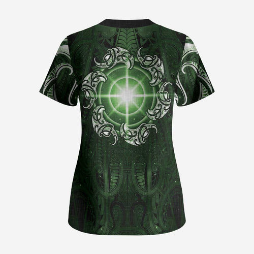 New Zealand Matariki Tupuarangi Scrub Top Maori Moko Green Galaxy