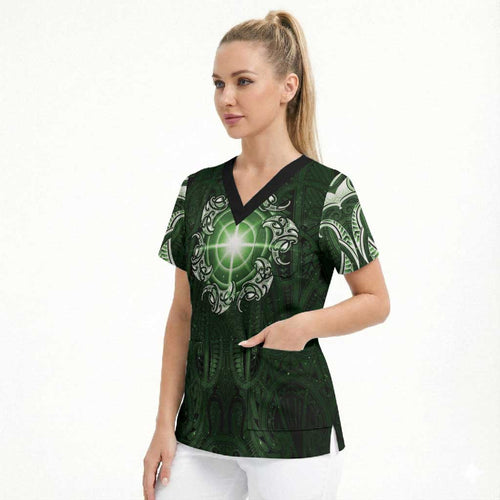 New Zealand Matariki Tupuarangi Scrub Top Maori Moko Green Galaxy