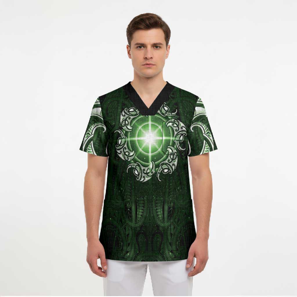 New Zealand Matariki Tupuarangi Scrub Top Maori Moko Green Galaxy