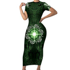 New Zealand Matariki Tupuarangi Short Sleeve Bodycon Dress Maori Moko Green Galaxy