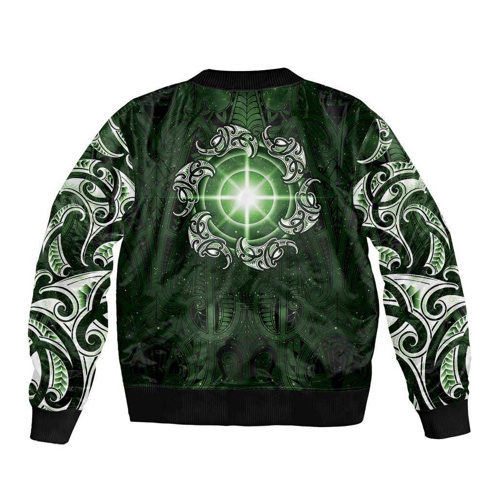 New Zealand Matariki Tupuarangi Sleeve Zip Bomber Jacket Maori Moko Green Galaxy