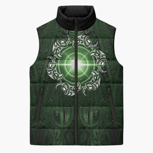 New Zealand Matariki Tupuarangi Sleeveless Puffer Jacket Maori Moko Green Galaxy