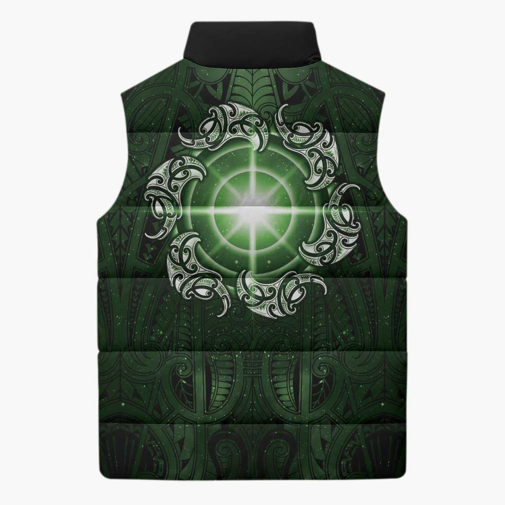 New Zealand Matariki Tupuarangi Sleeveless Puffer Jacket Maori Moko Green Galaxy