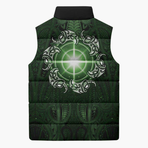 New Zealand Matariki Tupuarangi Sleeveless Puffer Jacket Maori Moko Green Galaxy