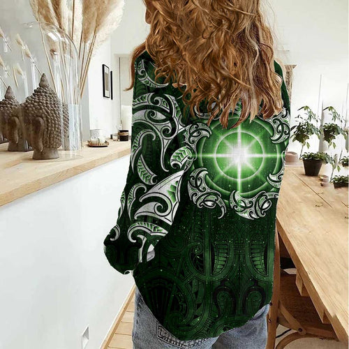 New Zealand Matariki Tupuarangi Women Casual Shirt Maori Moko Green Galaxy