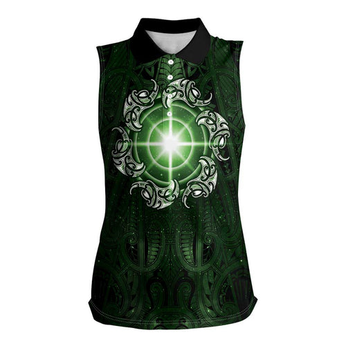 New Zealand Matariki Tupuarangi Women Sleeveless Polo Shirt Maori Moko Green Galaxy