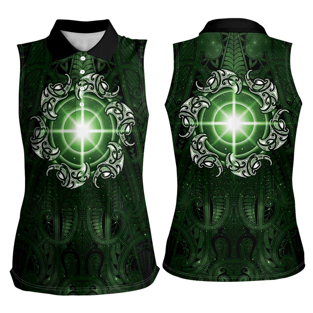 New Zealand Matariki Tupuarangi Women Sleeveless Polo Shirt Maori Moko Green Galaxy
