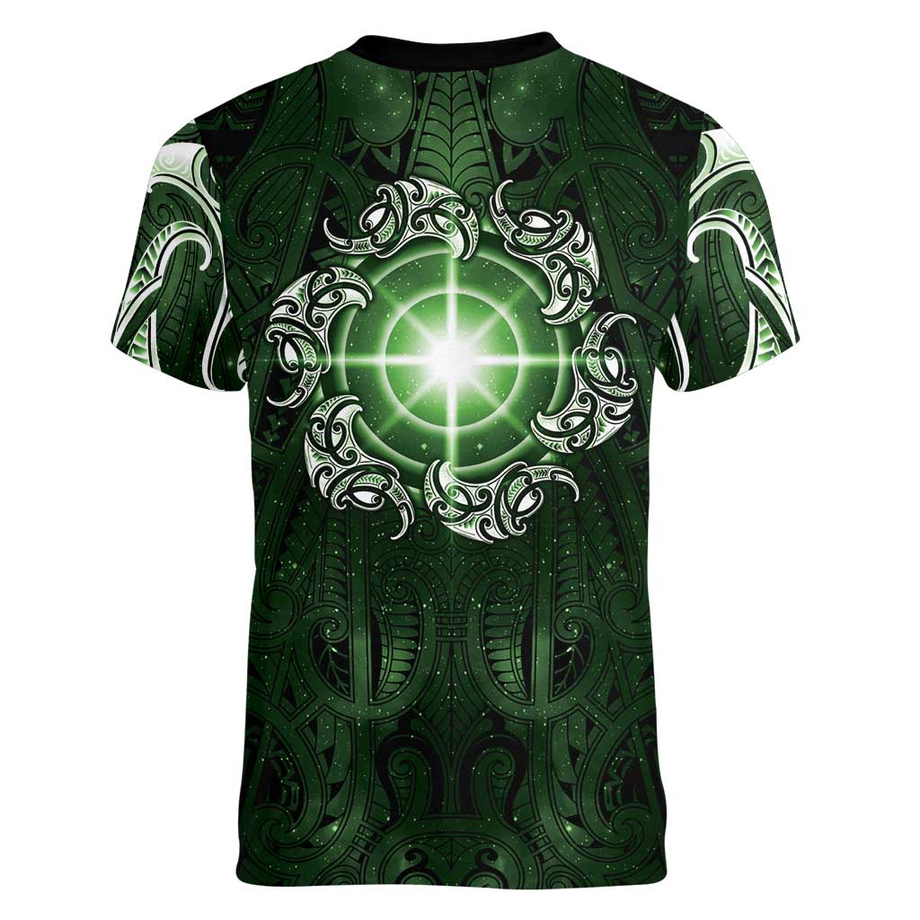 New Zealand Matariki Tupuarangi Women V-Neck T-Shirt Maori Moko Green Galaxy