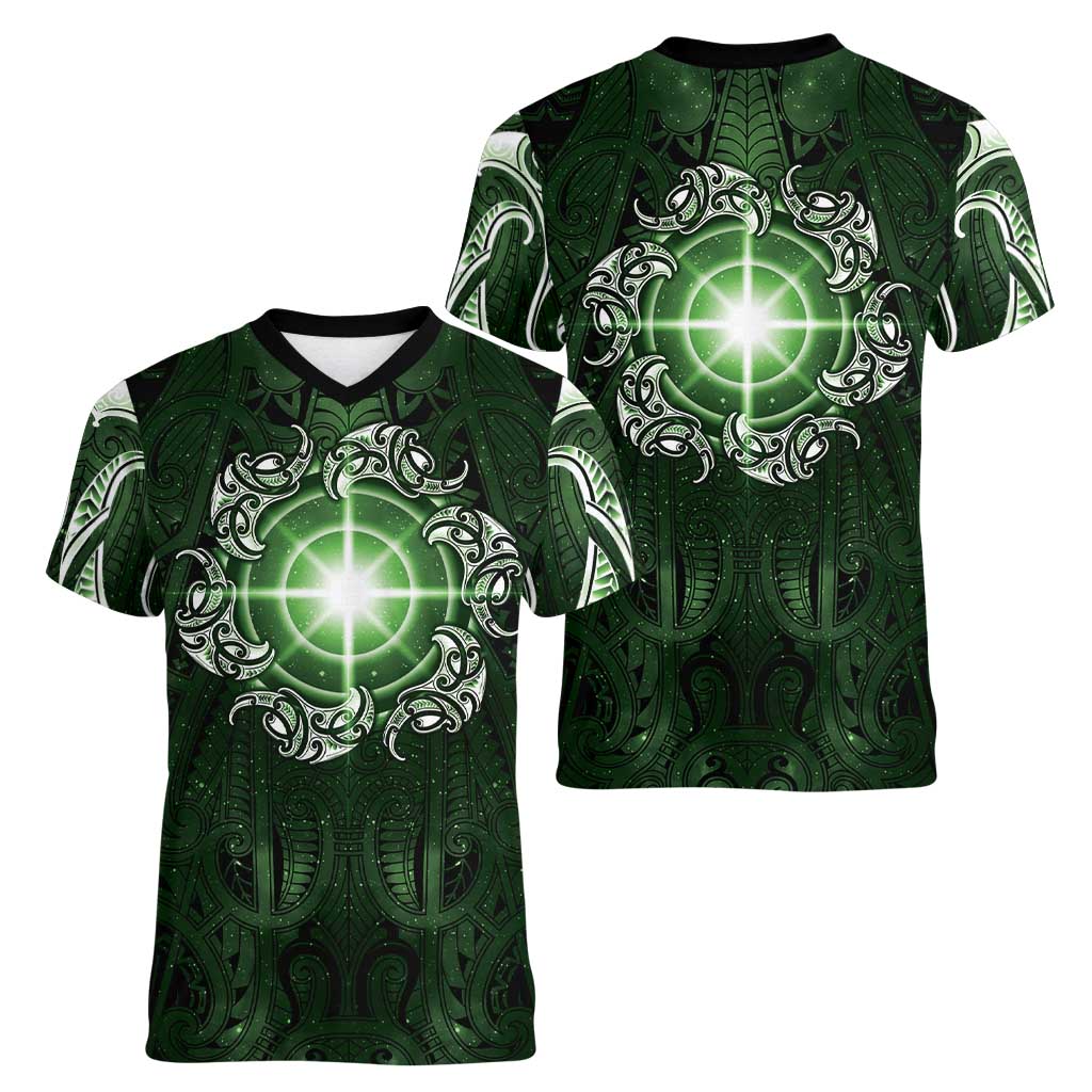 New Zealand Matariki Tupuarangi Women V-Neck T-Shirt Maori Moko Green Galaxy
