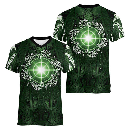 New Zealand Matariki Tupuarangi Women V-Neck T-Shirt Maori Moko Green Galaxy