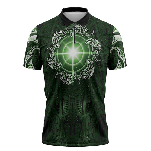 New Zealand Matariki Tupuarangi Zipper Polo Shirt Maori Moko Green Galaxy