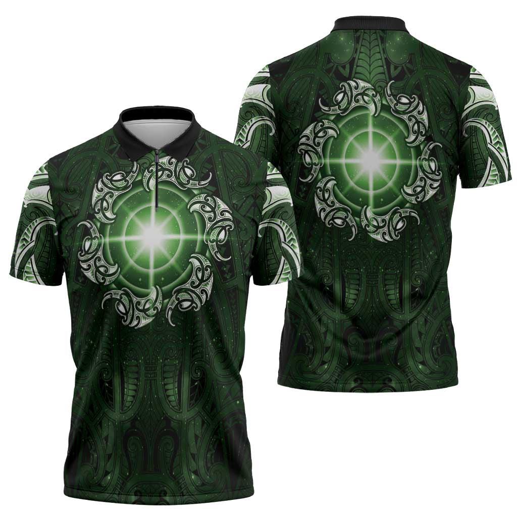 New Zealand Matariki Tupuarangi Zipper Polo Shirt Maori Moko Green Galaxy