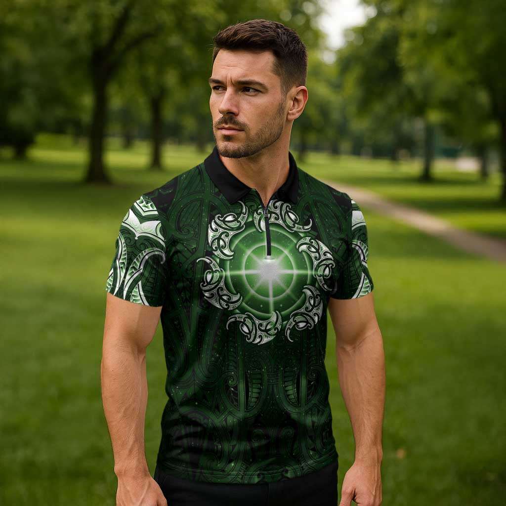 New Zealand Matariki Tupuarangi Zipper Polo Shirt Maori Moko Green Galaxy