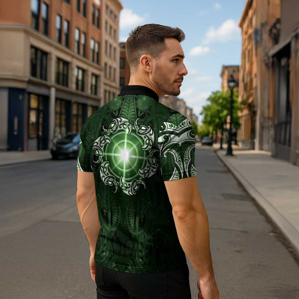 New Zealand Matariki Tupuarangi Zipper Polo Shirt Maori Moko Green Galaxy