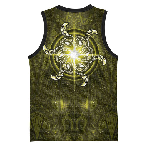 New Zealand Matariki Hiwaiterangi Basketball Jersey Maori Moko Yellow Galaxy