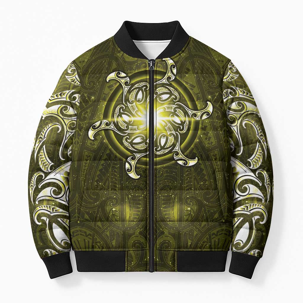 New Zealand Matariki Hiwaiterangi Bomber Puffer Jacket Maori Moko Yellow Galaxy