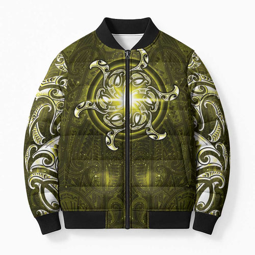 New Zealand Matariki Hiwaiterangi Bomber Puffer Jacket Maori Moko Yellow Galaxy