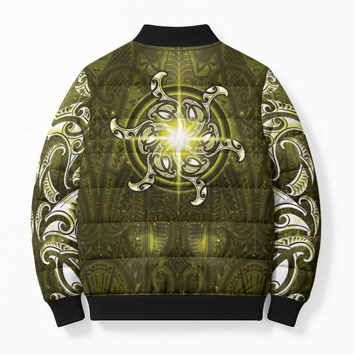 New Zealand Matariki Hiwaiterangi Bomber Puffer Jacket Maori Moko Yellow Galaxy