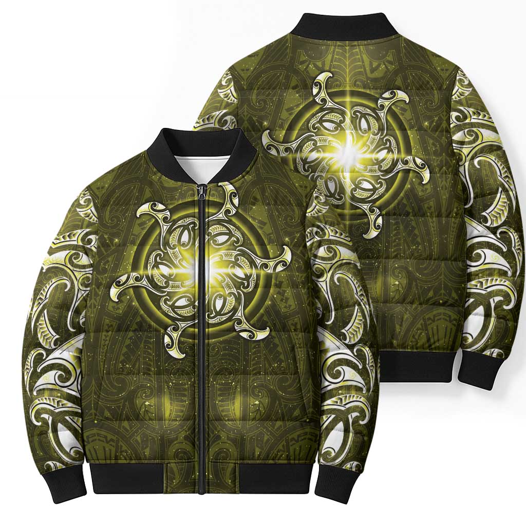 New Zealand Matariki Hiwaiterangi Bomber Puffer Jacket Maori Moko Yellow Galaxy