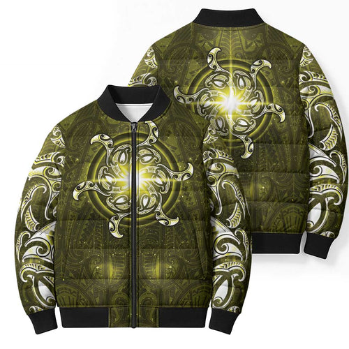 New Zealand Matariki Hiwaiterangi Bomber Puffer Jacket Maori Moko Yellow Galaxy
