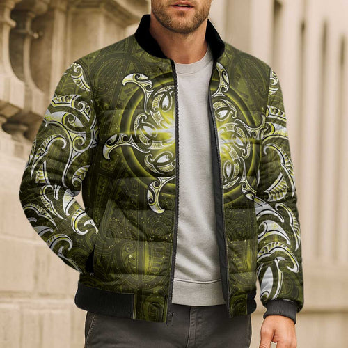 New Zealand Matariki Hiwaiterangi Bomber Puffer Jacket Maori Moko Yellow Galaxy
