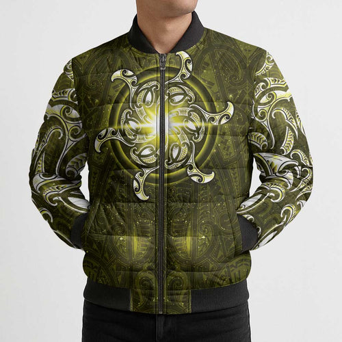 New Zealand Matariki Hiwaiterangi Bomber Puffer Jacket Maori Moko Yellow Galaxy