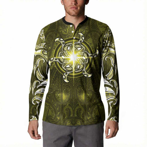 New Zealand Matariki Hiwaiterangi Button Sweatshirt Maori Moko Yellow Galaxy