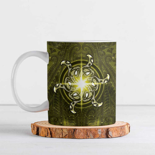New Zealand Matariki Hiwaiterangi Ceramic Mug Maori Moko Yellow Galaxy