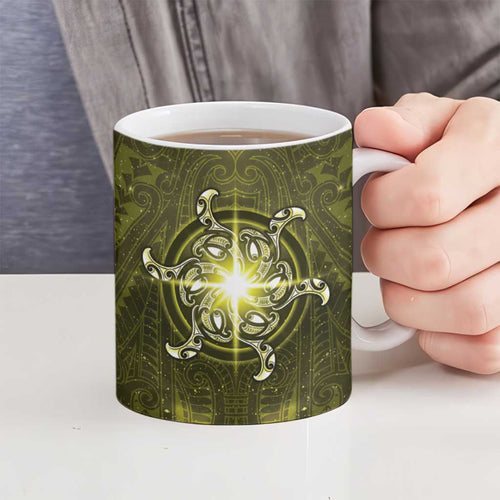 New Zealand Matariki Hiwaiterangi Ceramic Mug Maori Moko Yellow Galaxy