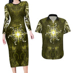 New Zealand Matariki Hiwaiterangi Couples Matching Long Sleeve Bodycon Dress and Hawaiian Shirt Maori Moko Yellow Galaxy