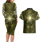 New Zealand Matariki Hiwaiterangi Couples Matching Long Sleeve Bodycon Dress and Hawaiian Shirt Maori Moko Yellow Galaxy