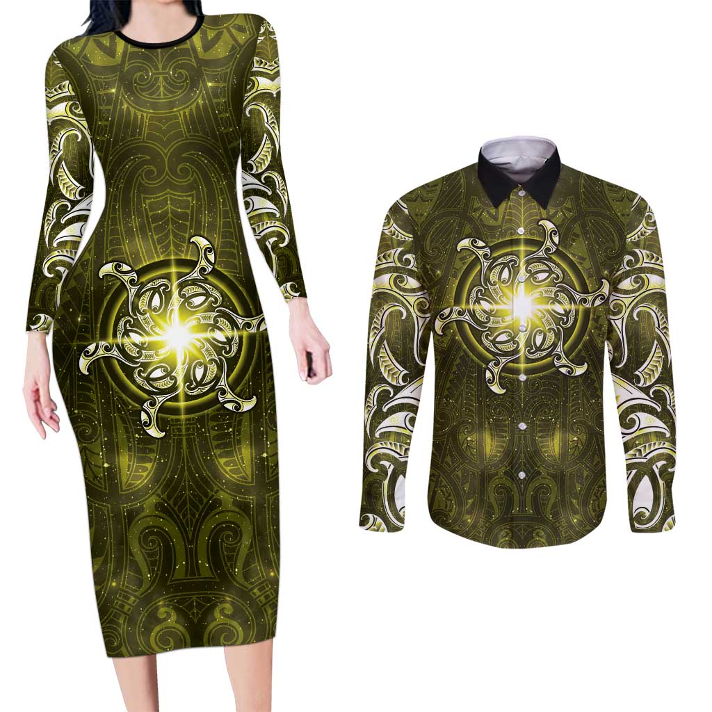 New Zealand Matariki Hiwaiterangi Couples Matching Long Sleeve Bodycon Dress and Long Sleeve Button Shirt Maori Moko Yellow Galaxy