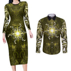 New Zealand Matariki Hiwaiterangi Couples Matching Long Sleeve Bodycon Dress and Long Sleeve Button Shirt Maori Moko Yellow Galaxy