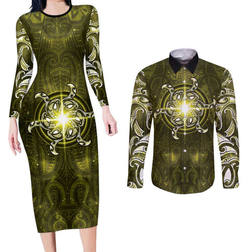 New Zealand Matariki Hiwaiterangi Couples Matching Long Sleeve Bodycon Dress and Long Sleeve Button Shirt Maori Moko Yellow Galaxy