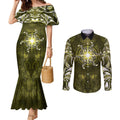 New Zealand Matariki Hiwaiterangi Couples Matching Mermaid Dress and Long Sleeve Button Shirt Maori Moko Yellow Galaxy