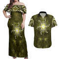 New Zealand Matariki Hiwaiterangi Couples Matching Off Shoulder Maxi Dress and Hawaiian Shirt Maori Moko Yellow Galaxy